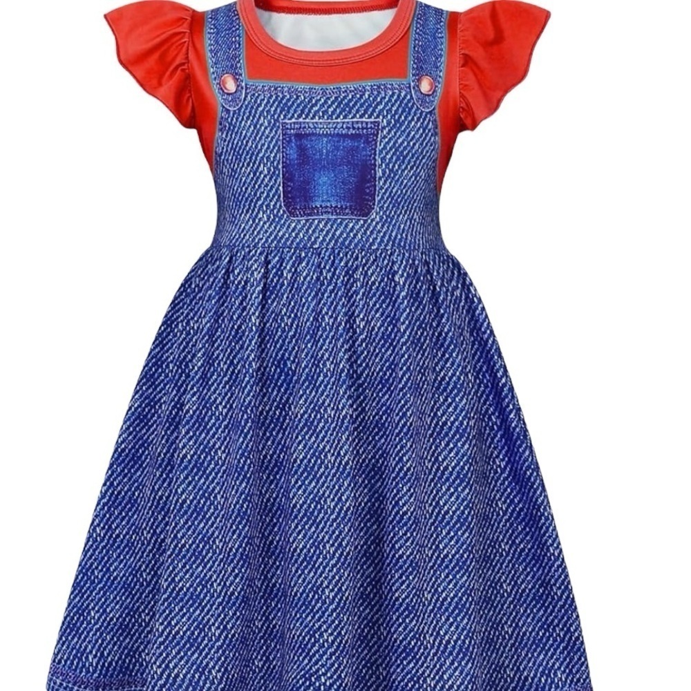 Super Mario Peaches Kids Denim Blue and Red Halloween Costume